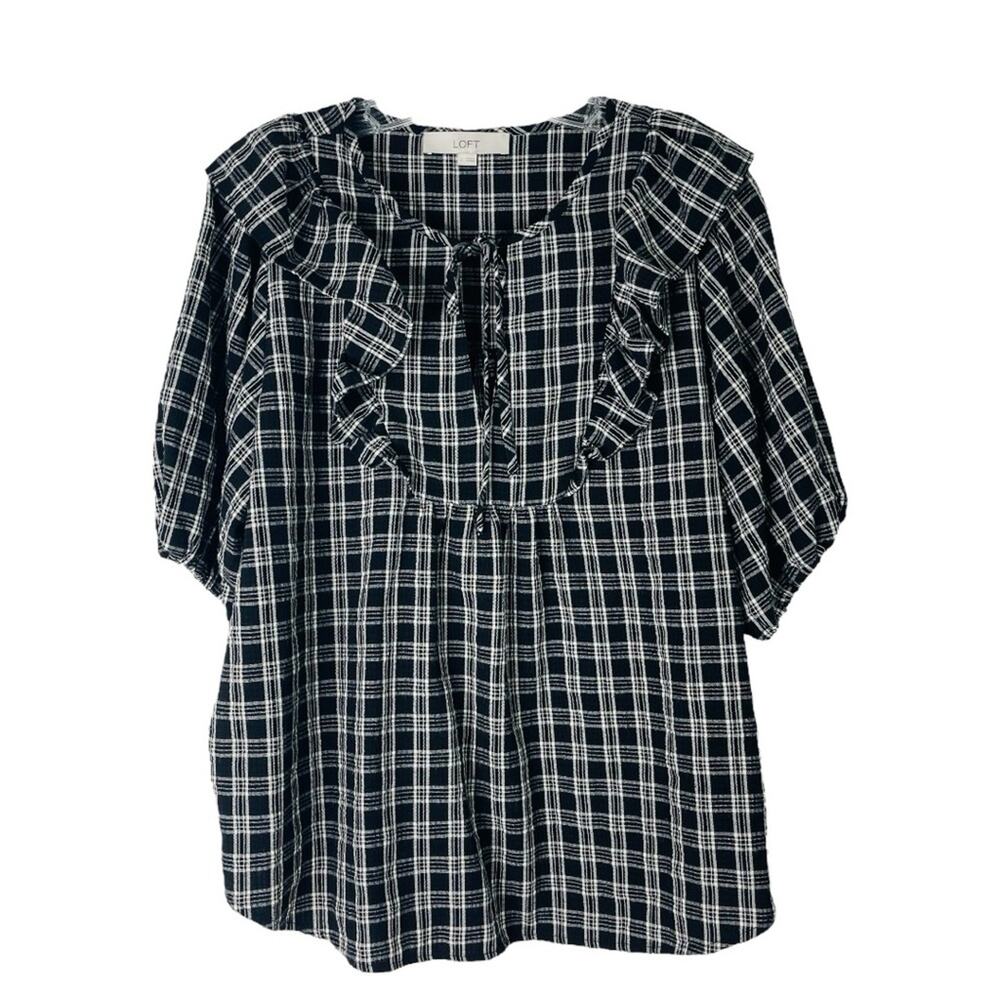 Loft black white plaid ruffle preppy cottagecore popover top large